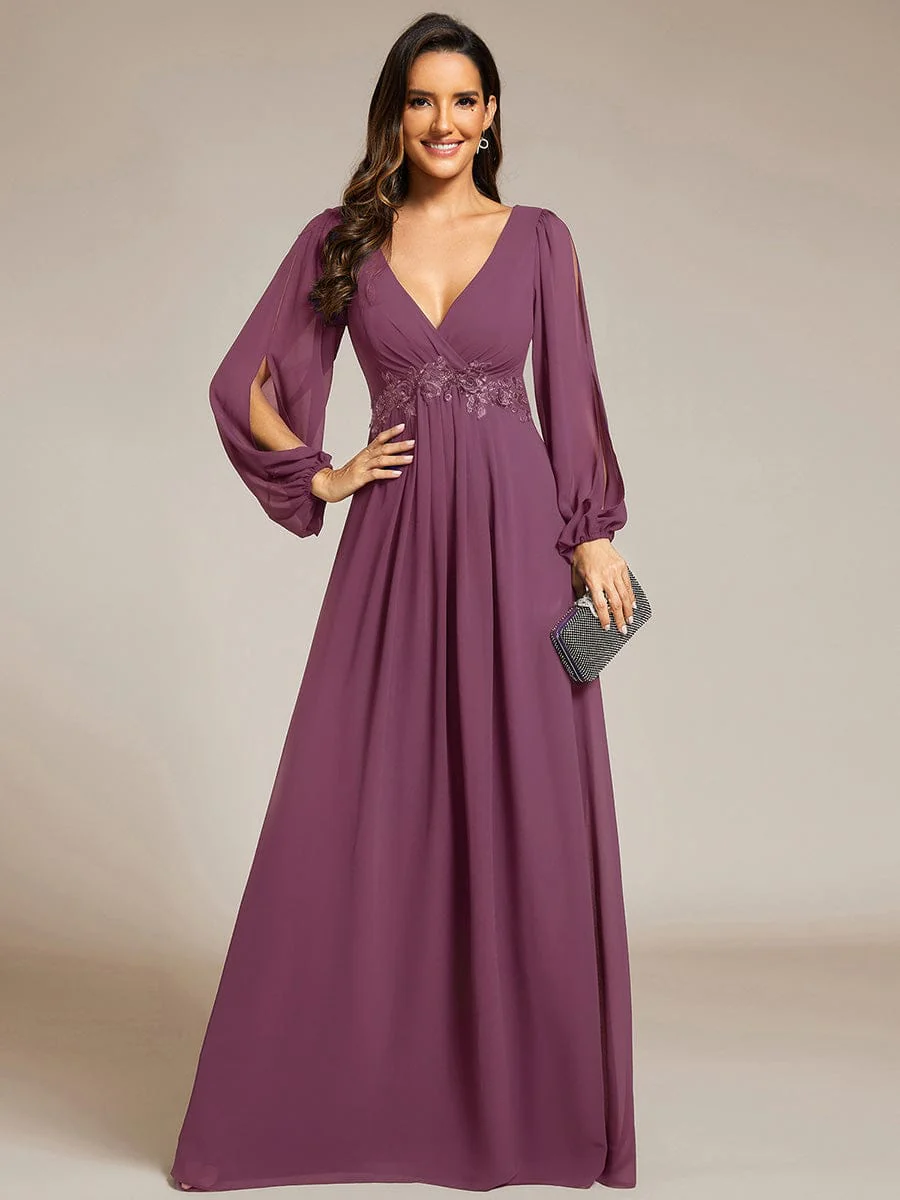 ever AMOUR|Deep V Neck Long Wedding Guest Dress with Long Sleeves - Image 119