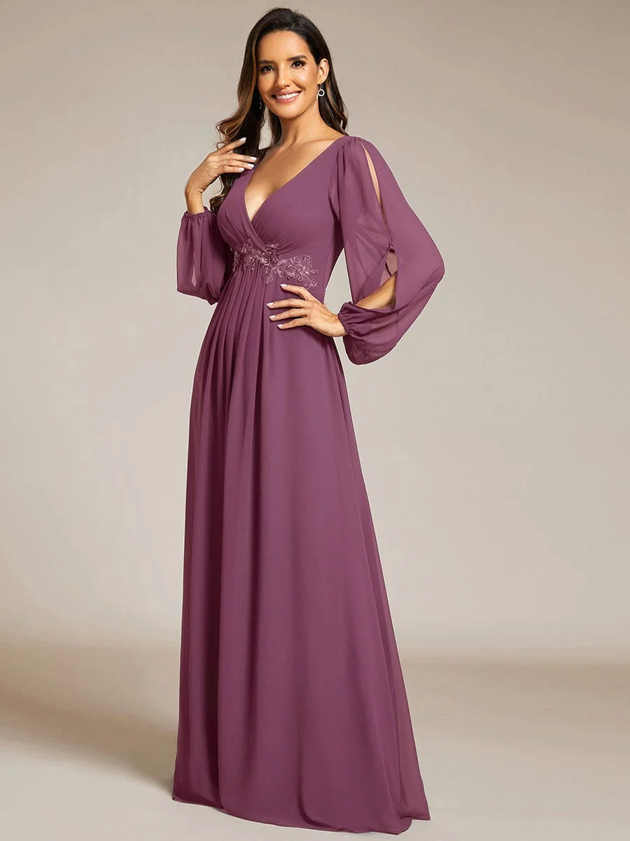 ever AMOUR|Deep V Neck Long Wedding Guest Dress with Long Sleeves - Image 123