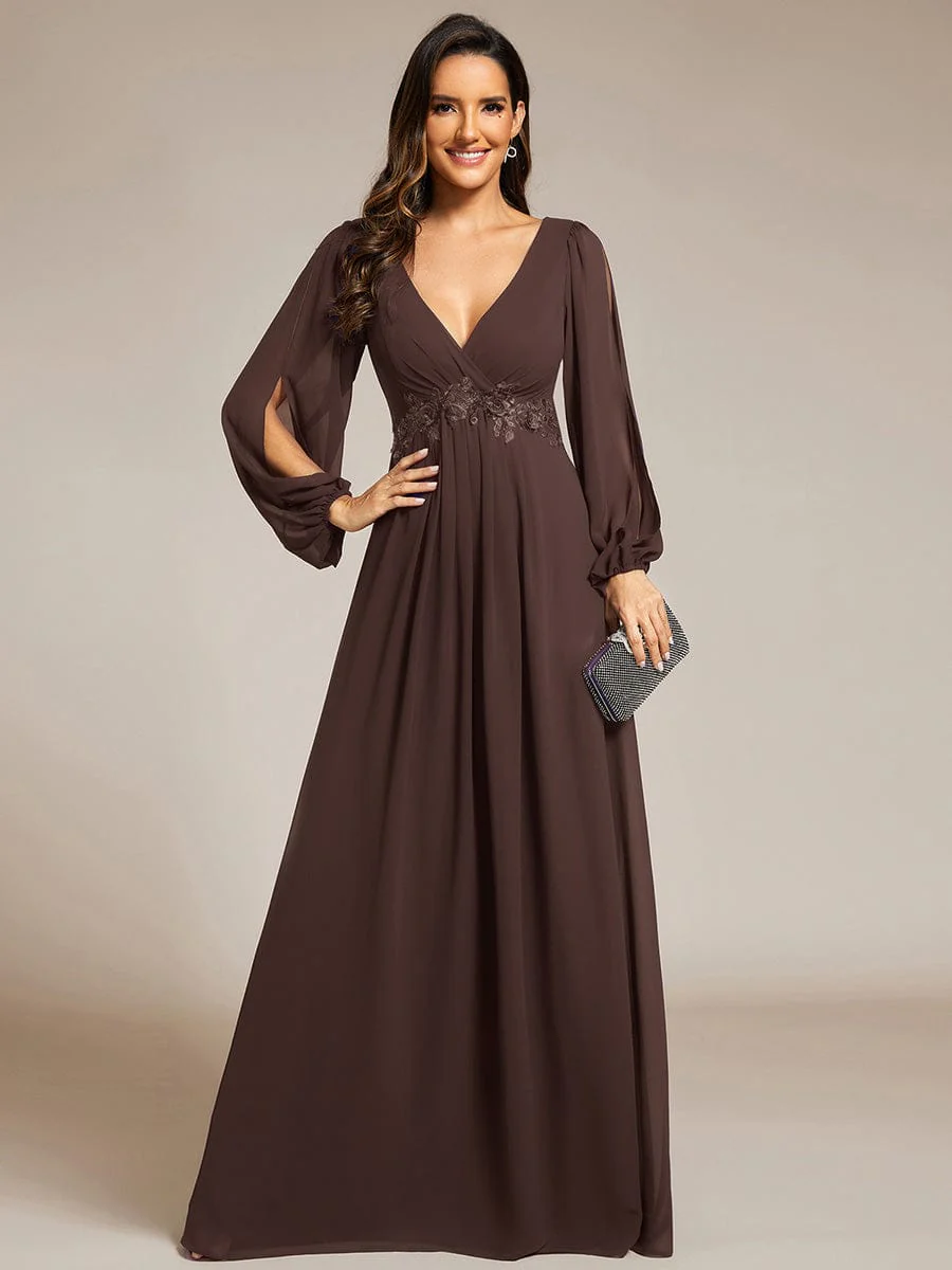 ever AMOUR|Deep V Neck Long Wedding Guest Dress with Long Sleeves - Image 129