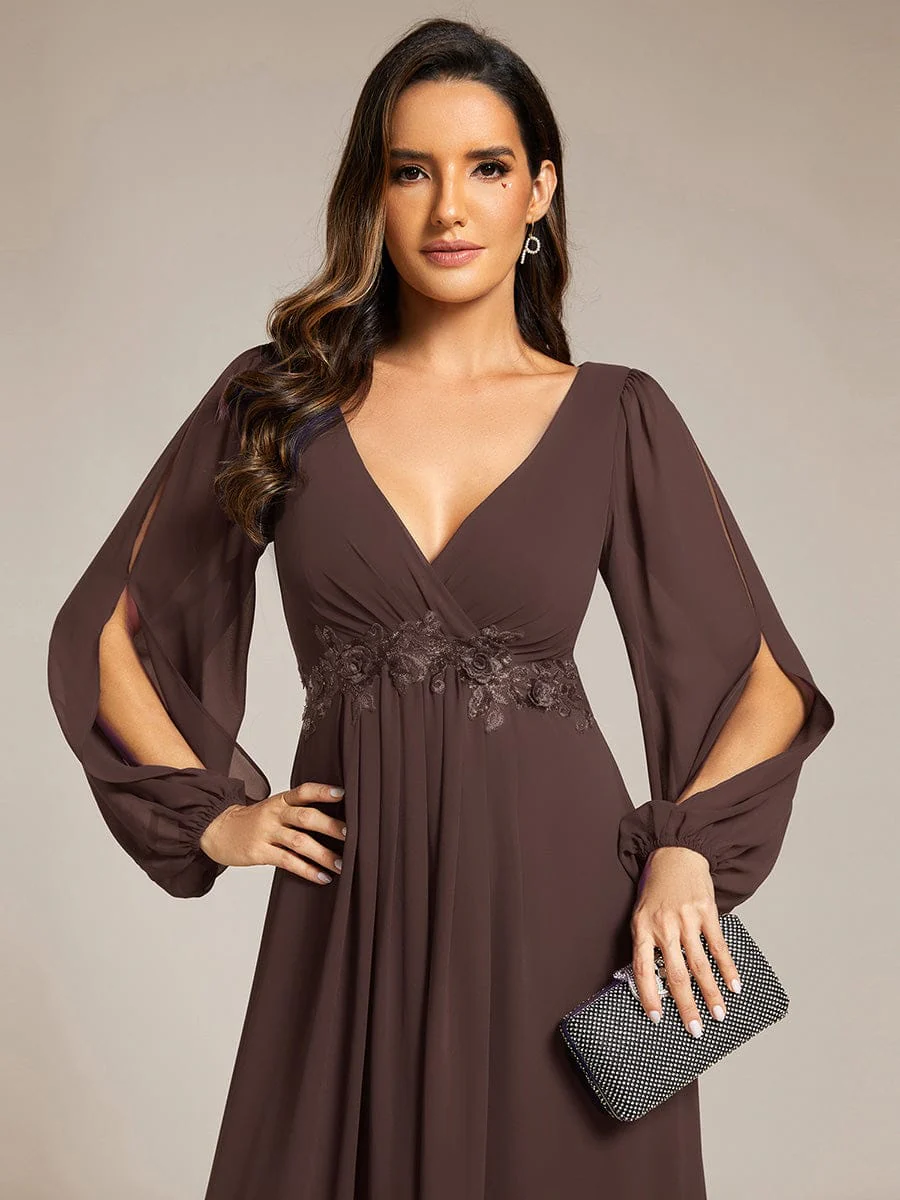 ever AMOUR|Deep V Neck Long Wedding Guest Dress with Long Sleeves - Image 131