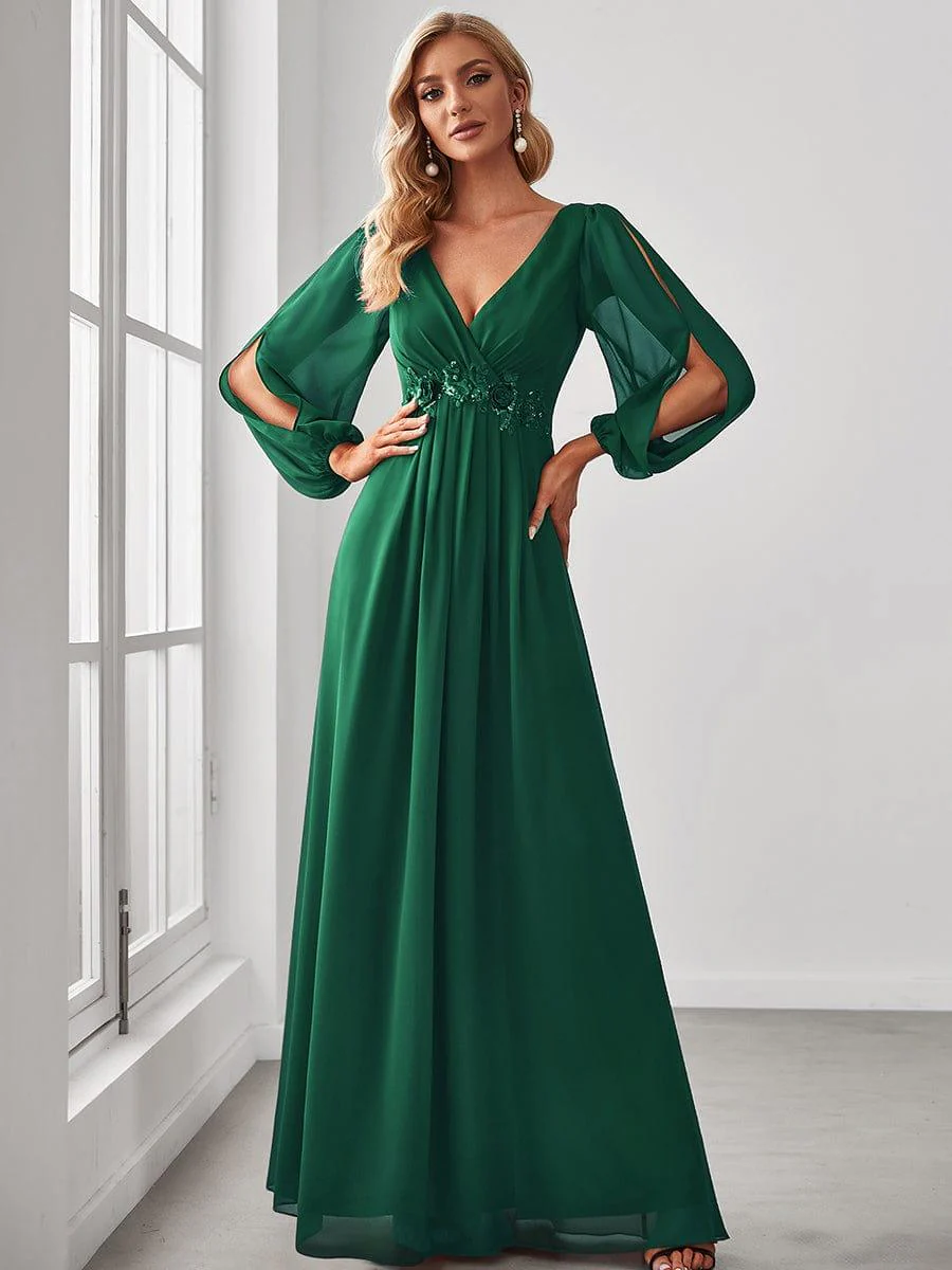 ever AMOUR|Deep V Neck Long Wedding Guest Dress with Long Sleeves - Image 18