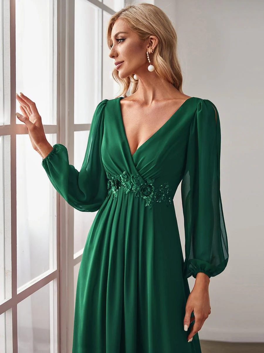 ever AMOUR|Deep V Neck Long Wedding Guest Dress with Long Sleeves - Image 20