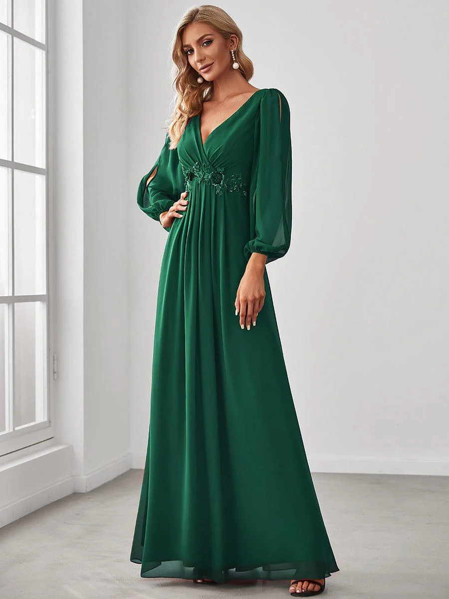 ever AMOUR|Deep V Neck Long Wedding Guest Dress with Long Sleeves - Image 21