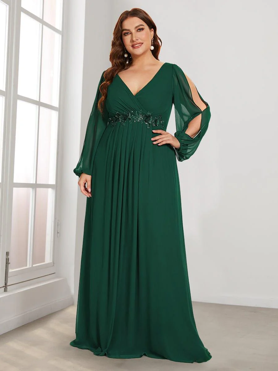 ever AMOUR|Deep V Neck Long Wedding Guest Dress with Long Sleeves - Image 22