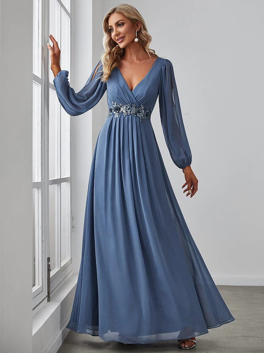 ever AMOUR|Deep V Neck Long Wedding Guest Dress with Long Sleeves - Image 27