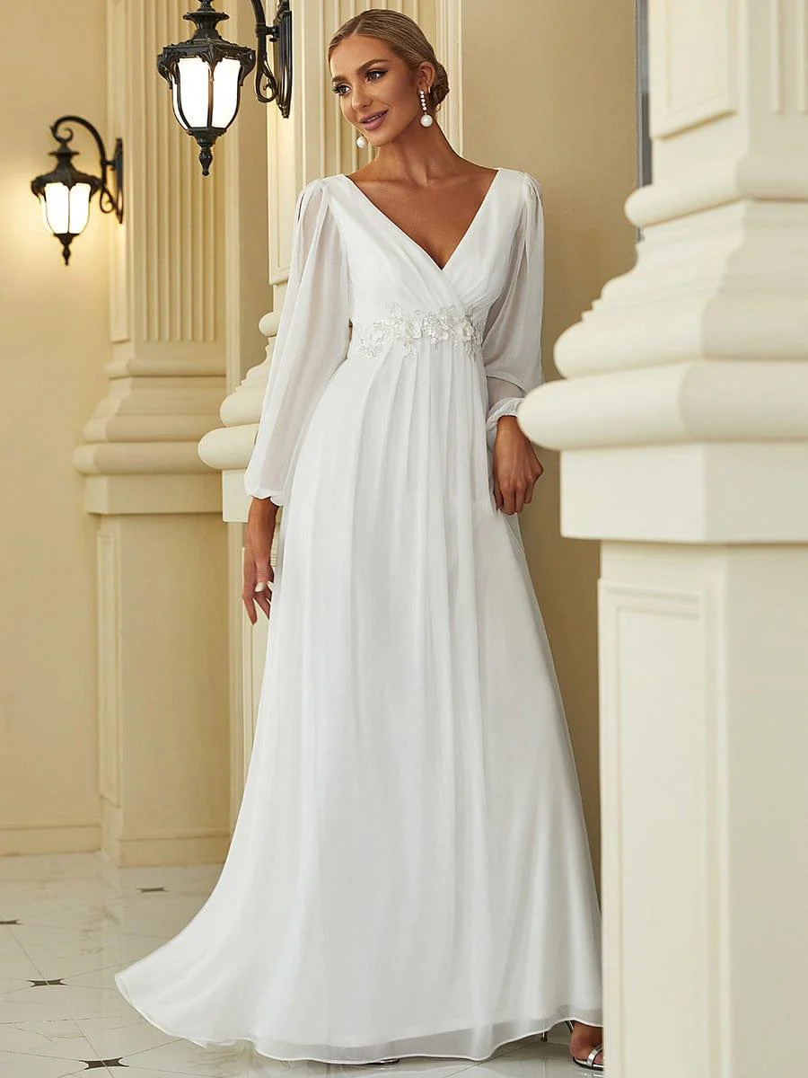 ever AMOUR|Deep V Neck Long Wedding Guest Dress with Long Sleeves - Image 3