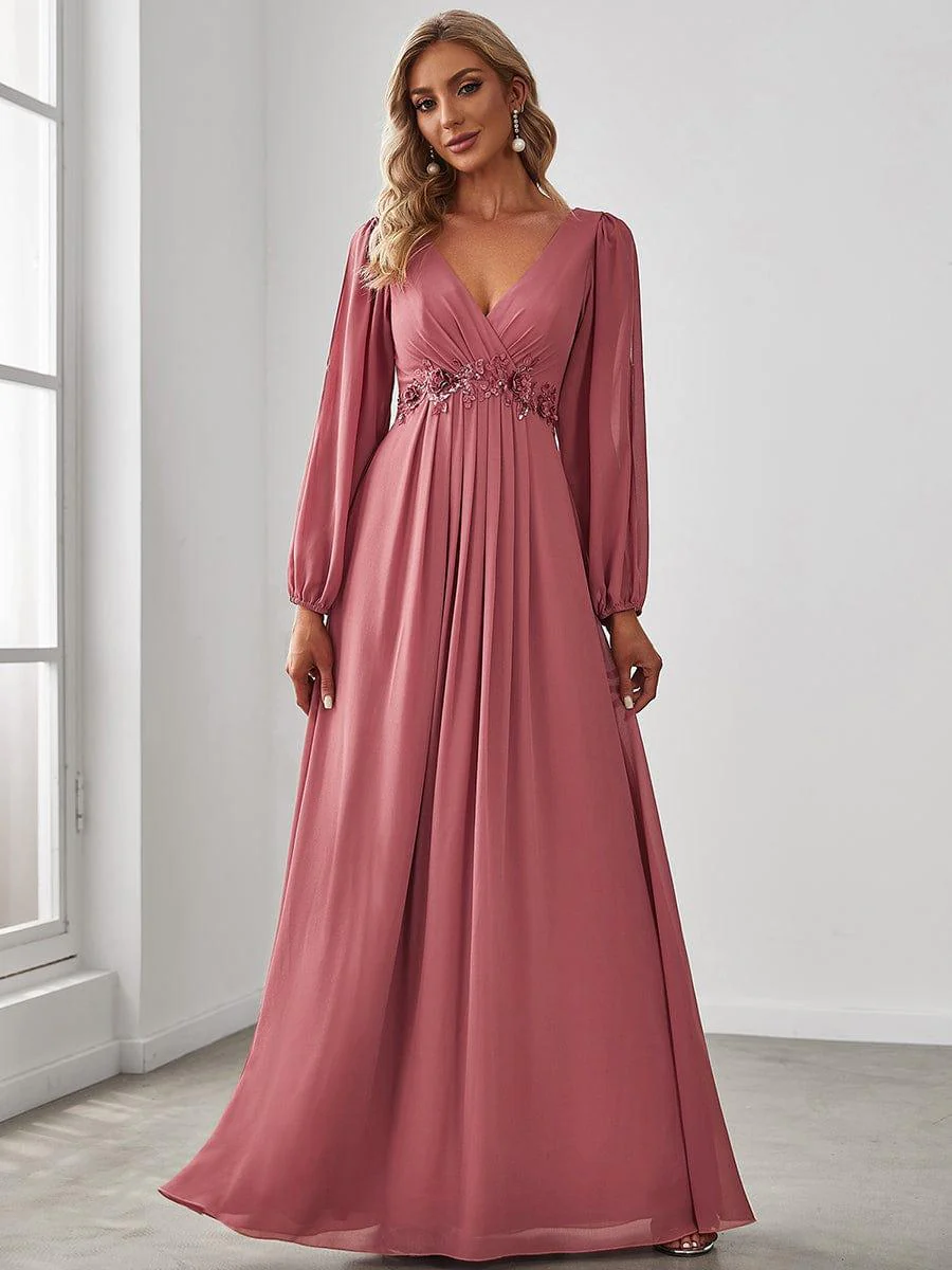 ever AMOUR|Deep V Neck Long Wedding Guest Dress with Long Sleeves - Image 30