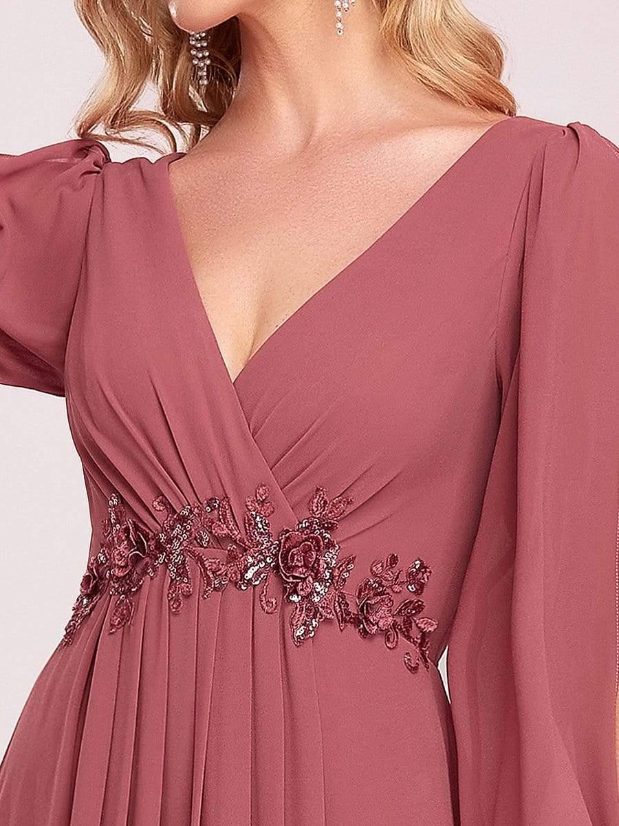 ever AMOUR|Deep V Neck Long Wedding Guest Dress with Long Sleeves - Image 32