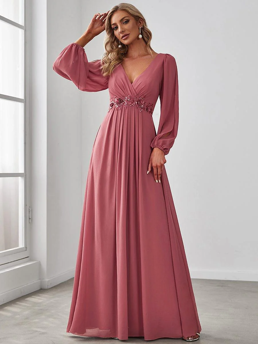 ever AMOUR|Deep V Neck Long Wedding Guest Dress with Long Sleeves - Image 33