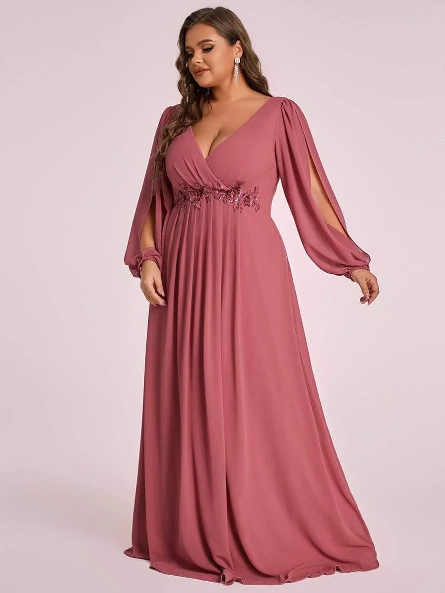 ever AMOUR|Deep V Neck Long Wedding Guest Dress with Long Sleeves - Image 34