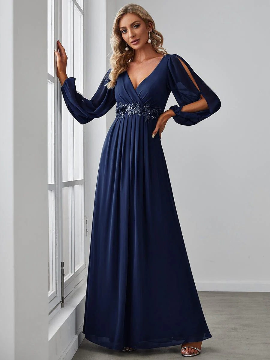 ever AMOUR|Deep V Neck Long Wedding Guest Dress with Long Sleeves - Image 4