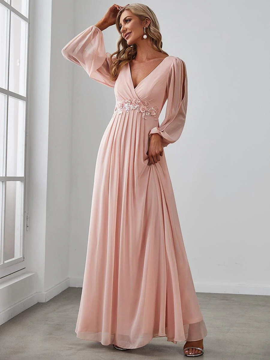 ever AMOUR|Deep V Neck Long Wedding Guest Dress with Long Sleeves - Image 46