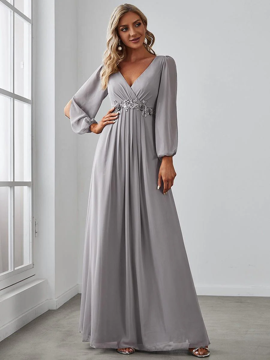 ever AMOUR|Deep V Neck Long Wedding Guest Dress with Long Sleeves - Image 5