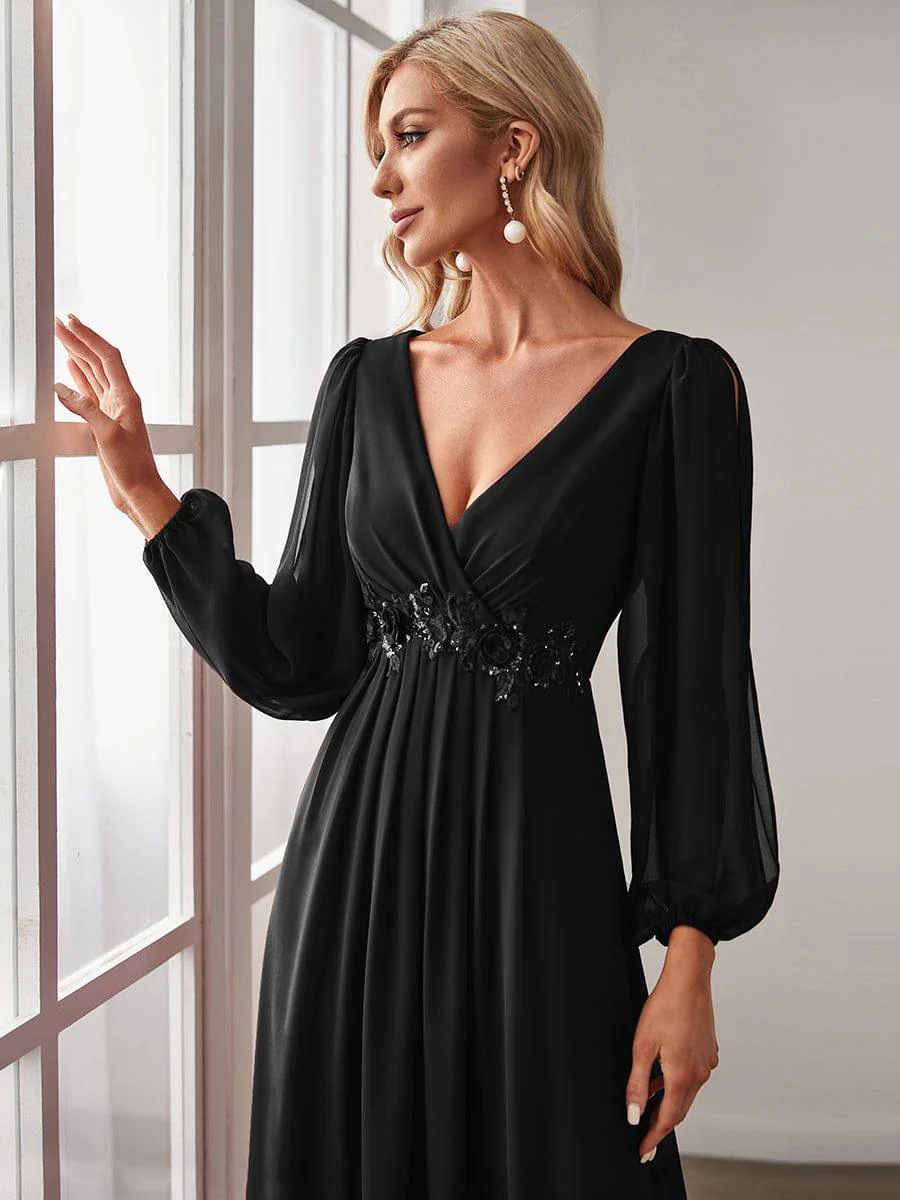 ever AMOUR|Deep V Neck Long Wedding Guest Dress with Long Sleeves - Image 51
