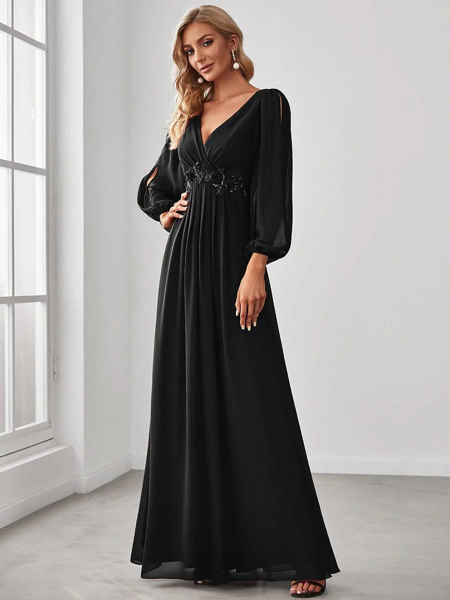 ever AMOUR|Deep V Neck Long Wedding Guest Dress with Long Sleeves - Image 52
