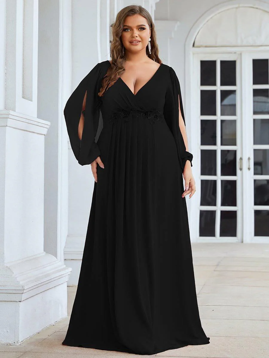 ever AMOUR|Deep V Neck Long Wedding Guest Dress with Long Sleeves - Image 53