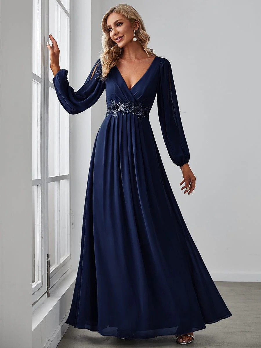 ever AMOUR|Deep V Neck Long Wedding Guest Dress with Long Sleeves - Image 57