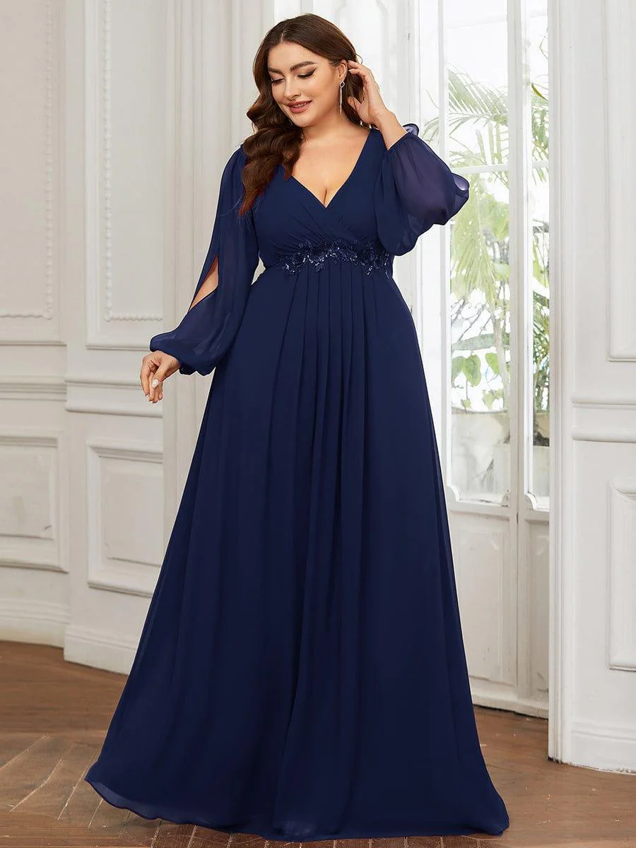 ever AMOUR|Deep V Neck Long Wedding Guest Dress with Long Sleeves - Image 58