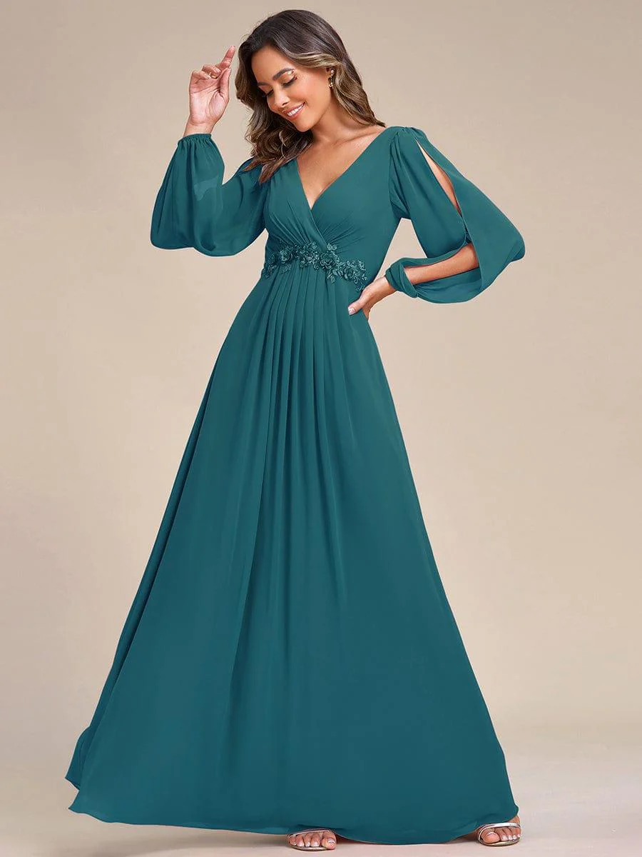 ever AMOUR|Deep V Neck Long Wedding Guest Dress with Long Sleeves - Image 63