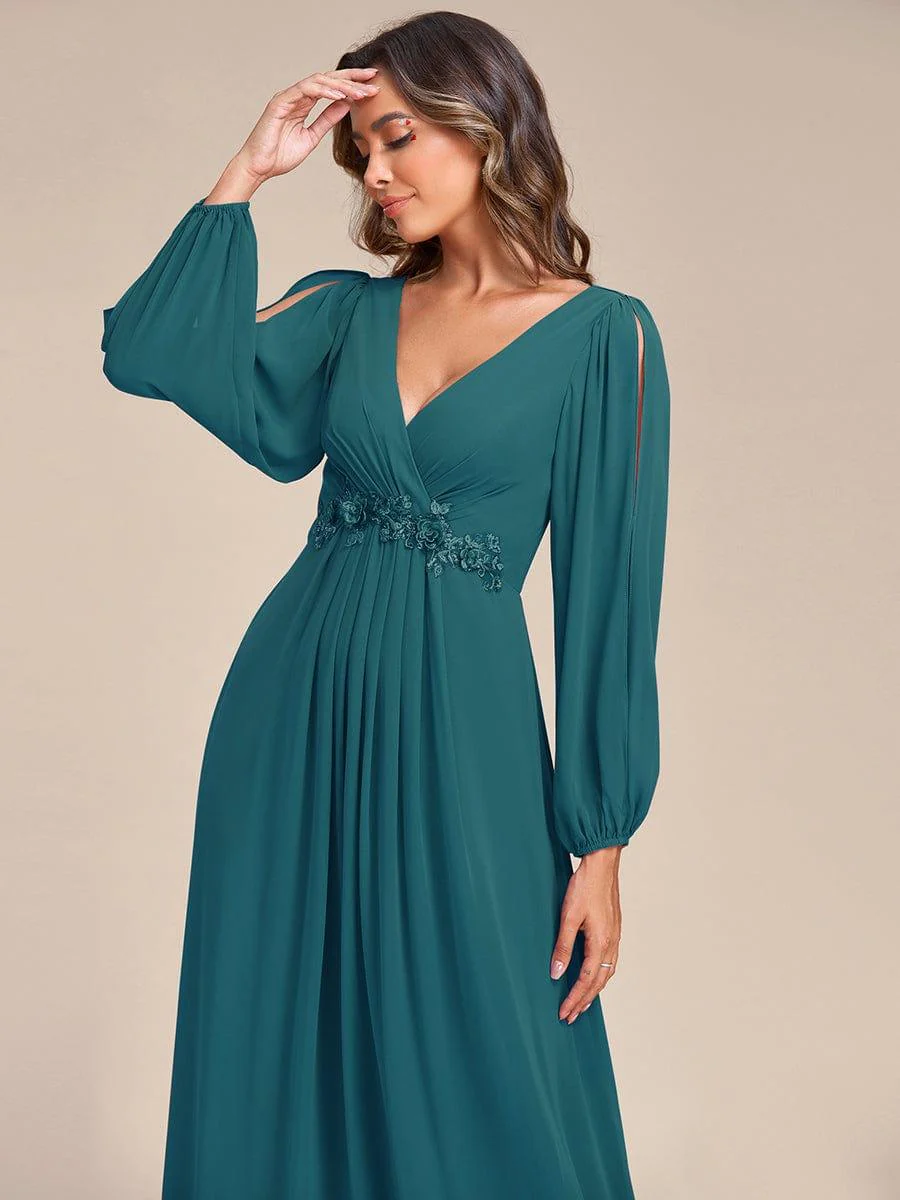 ever AMOUR|Deep V Neck Long Wedding Guest Dress with Long Sleeves - Image 65