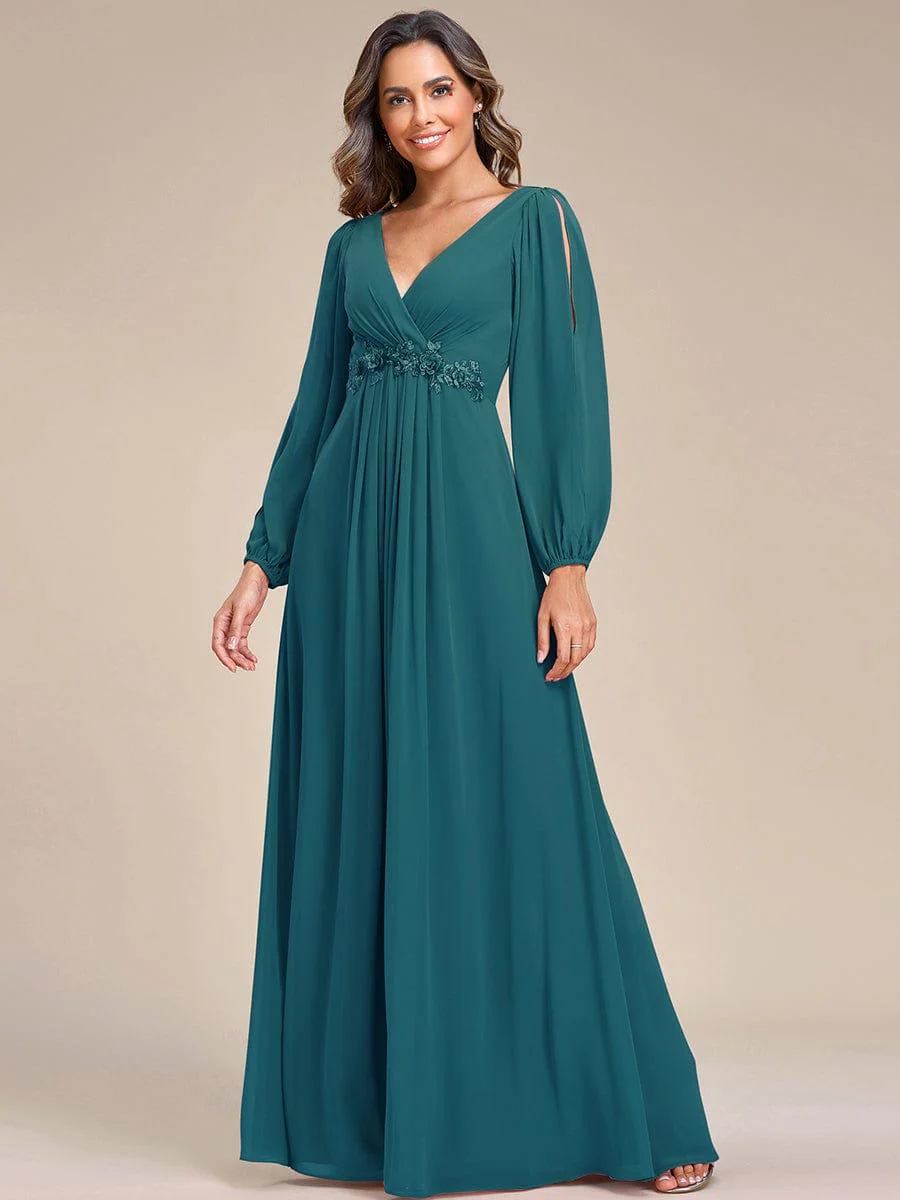ever AMOUR|Deep V Neck Long Wedding Guest Dress with Long Sleeves - Image 67