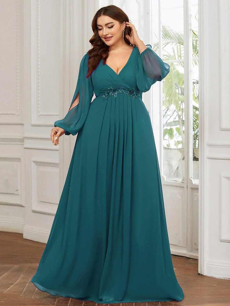 ever AMOUR|Deep V Neck Long Wedding Guest Dress with Long Sleeves - Image 68