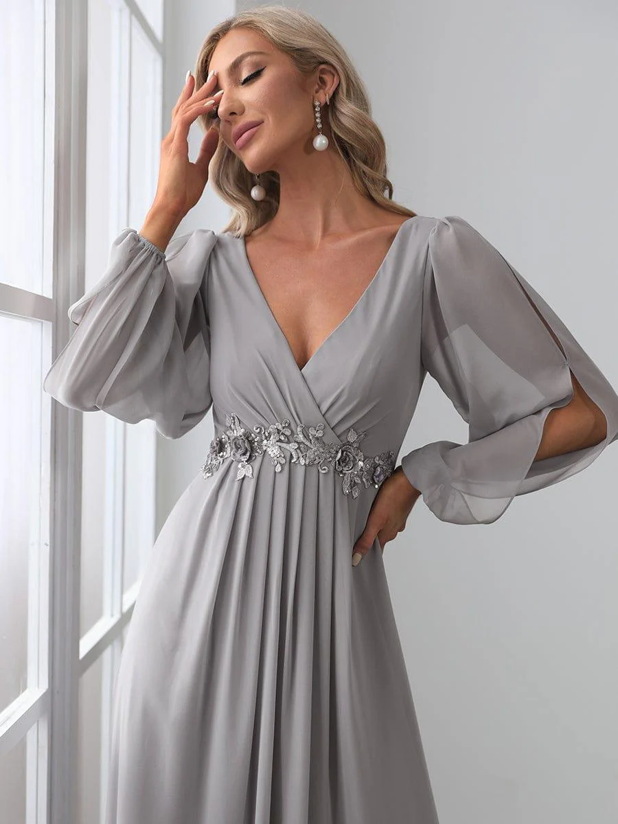 ever AMOUR|Deep V Neck Long Wedding Guest Dress with Long Sleeves - Image 7