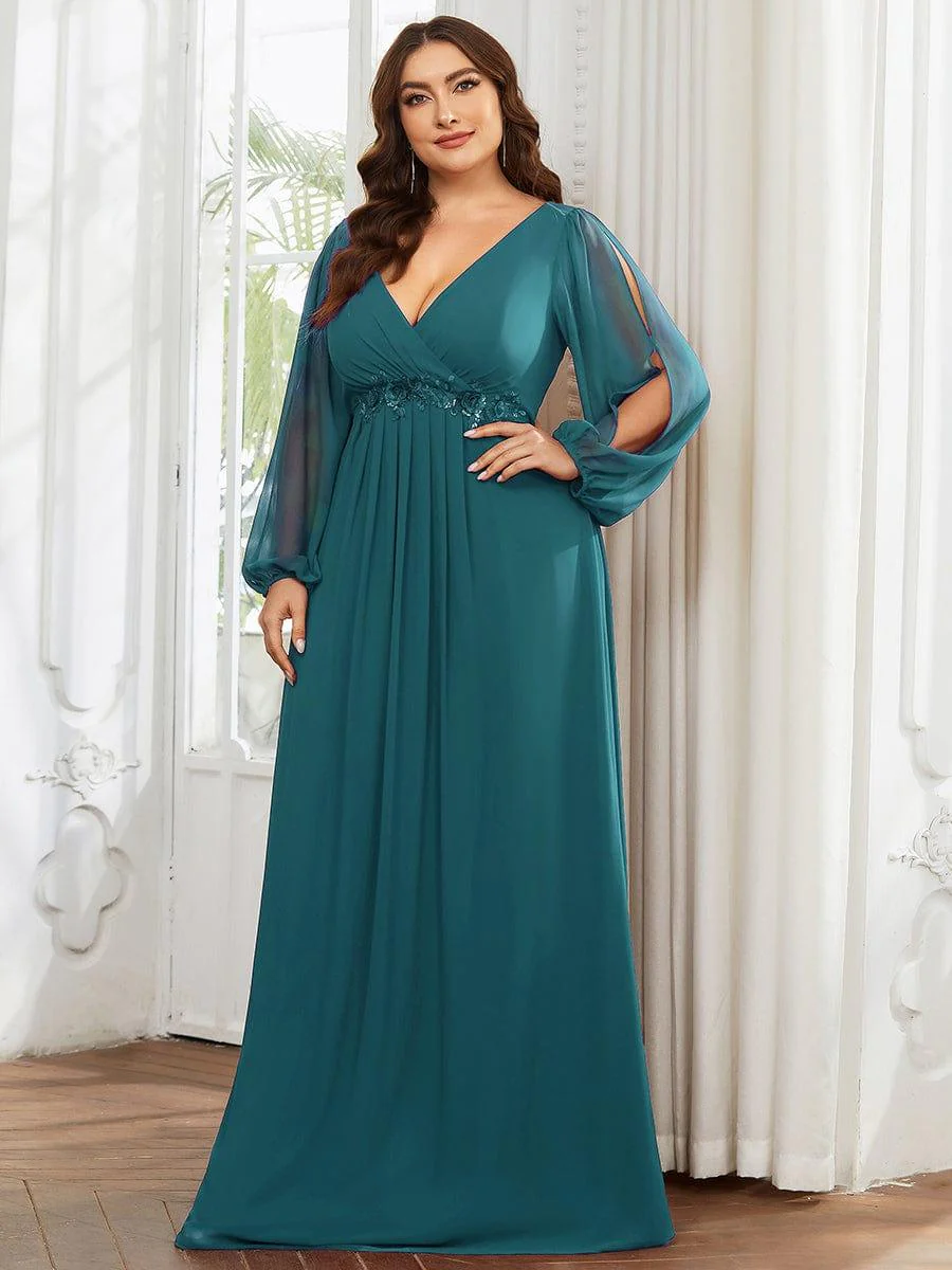 ever AMOUR|Deep V Neck Long Wedding Guest Dress with Long Sleeves - Image 71