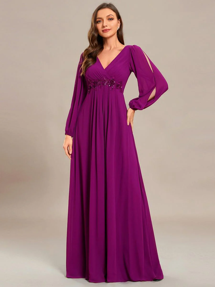 ever AMOUR|Deep V Neck Long Wedding Guest Dress with Long Sleeves - Image 73