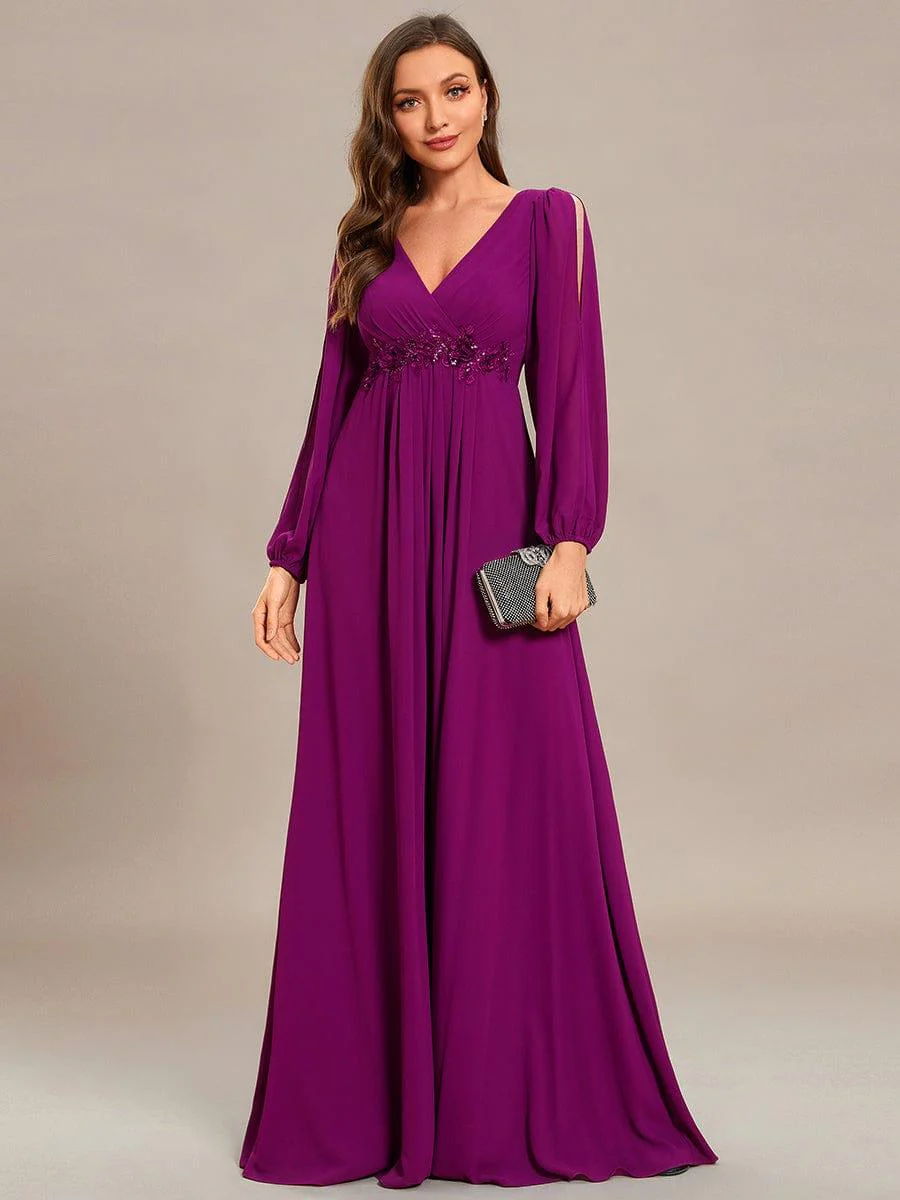 ever AMOUR|Deep V Neck Long Wedding Guest Dress with Long Sleeves - Image 76