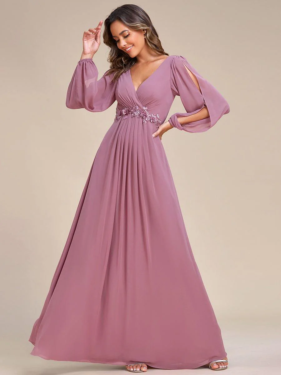 ever AMOUR|Deep V Neck Long Wedding Guest Dress with Long Sleeves - Image 86