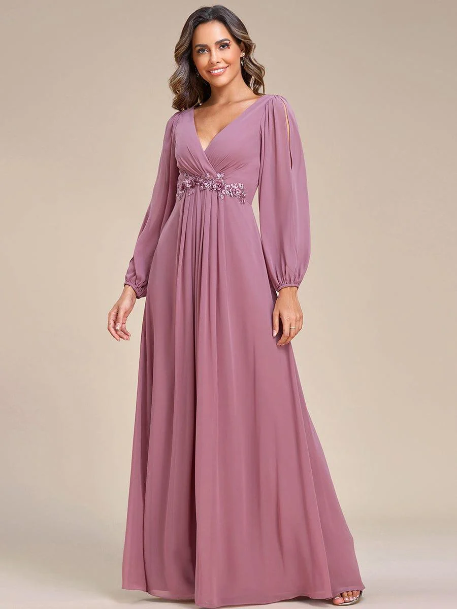 ever AMOUR|Deep V Neck Long Wedding Guest Dress with Long Sleeves - Image 87