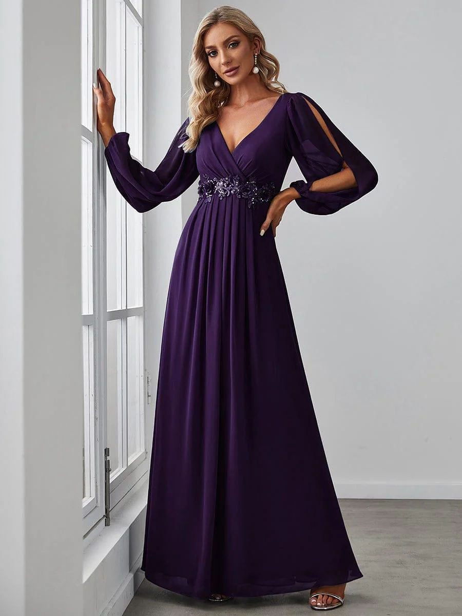 ever AMOUR|Deep V Neck Long Wedding Guest Dress with Long Sleeves - Image 92