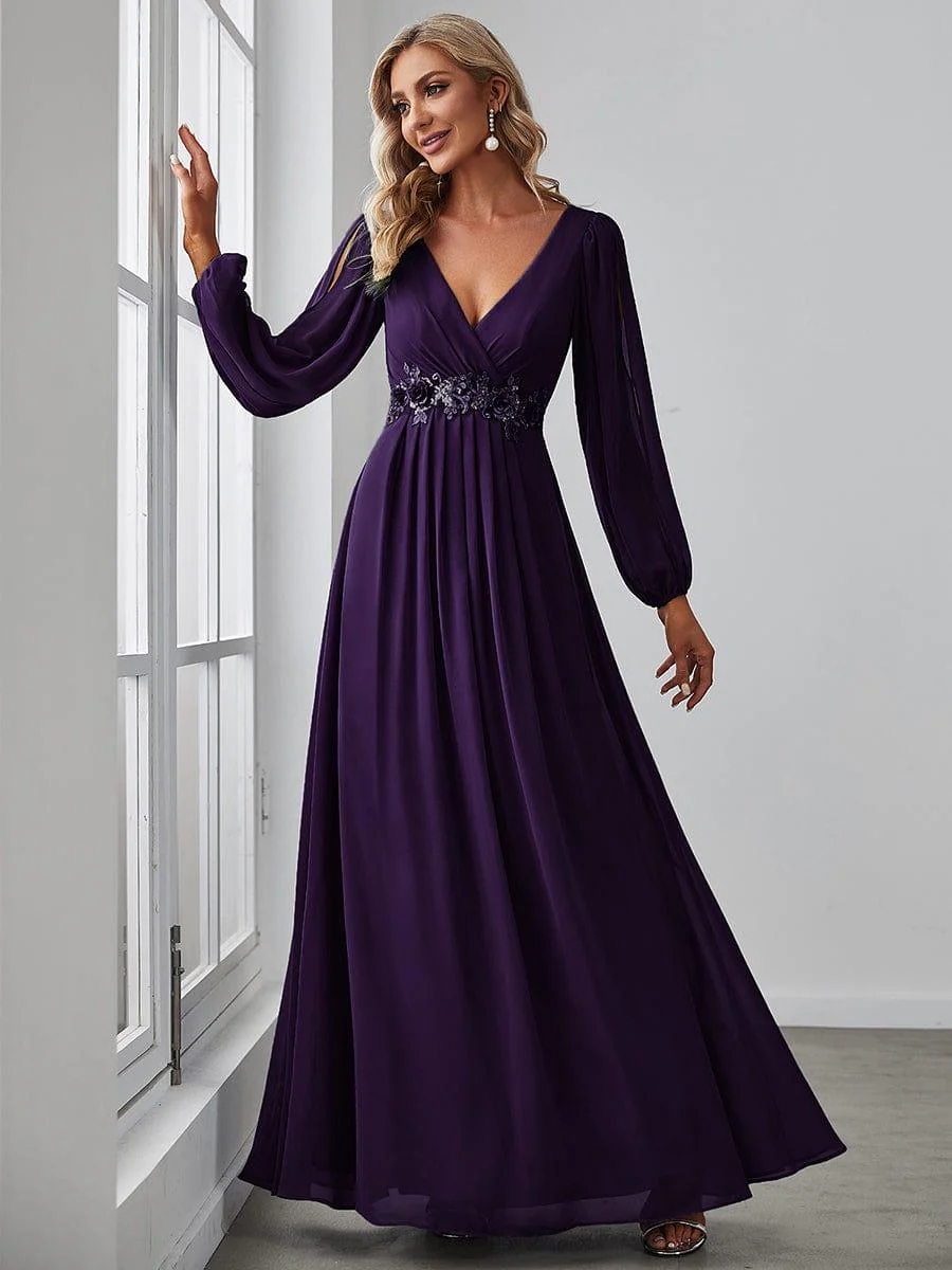 ever AMOUR|Deep V Neck Long Wedding Guest Dress with Long Sleeves - Image 96