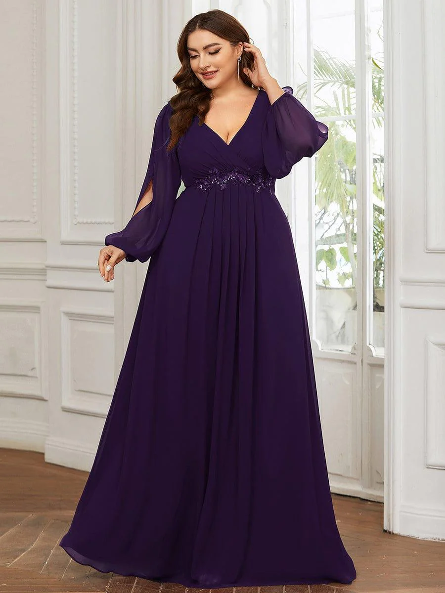 ever AMOUR|Deep V Neck Long Wedding Guest Dress with Long Sleeves - Image 97