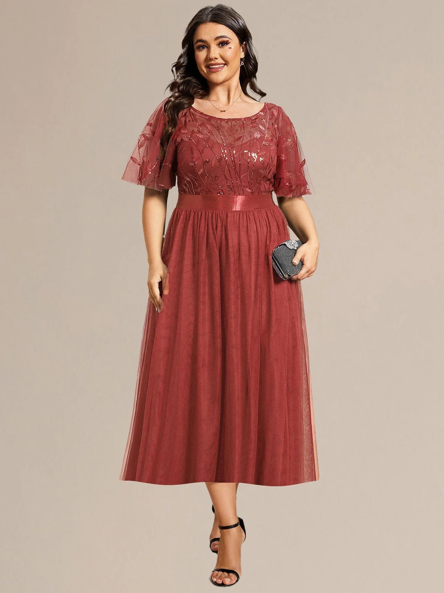 ever TAYLOR|Leaf Sequin Midi Wedding Guest Dress - Image 4