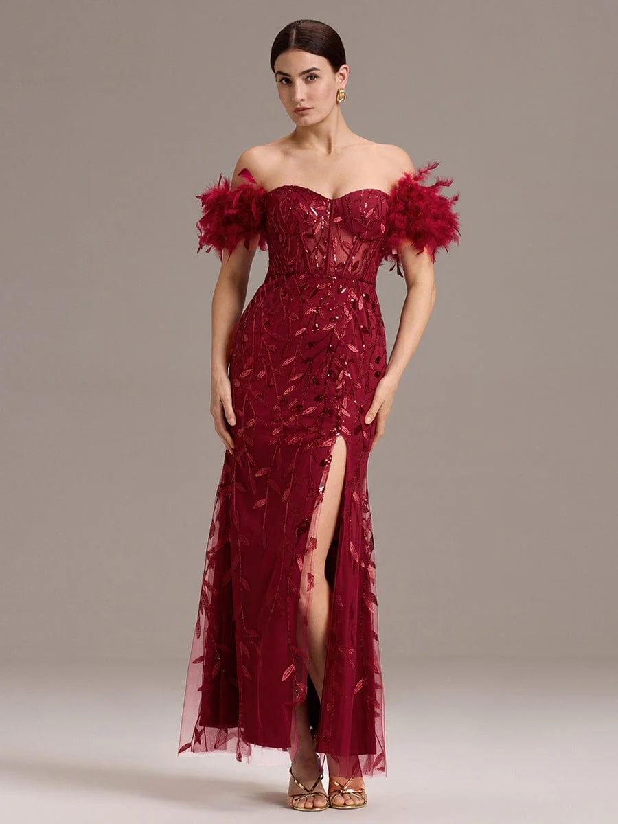 ever BELISSE|Designer Leaf Sequin Off Shoulder High Slit Feather Mermaid Evening Dress - Image 10