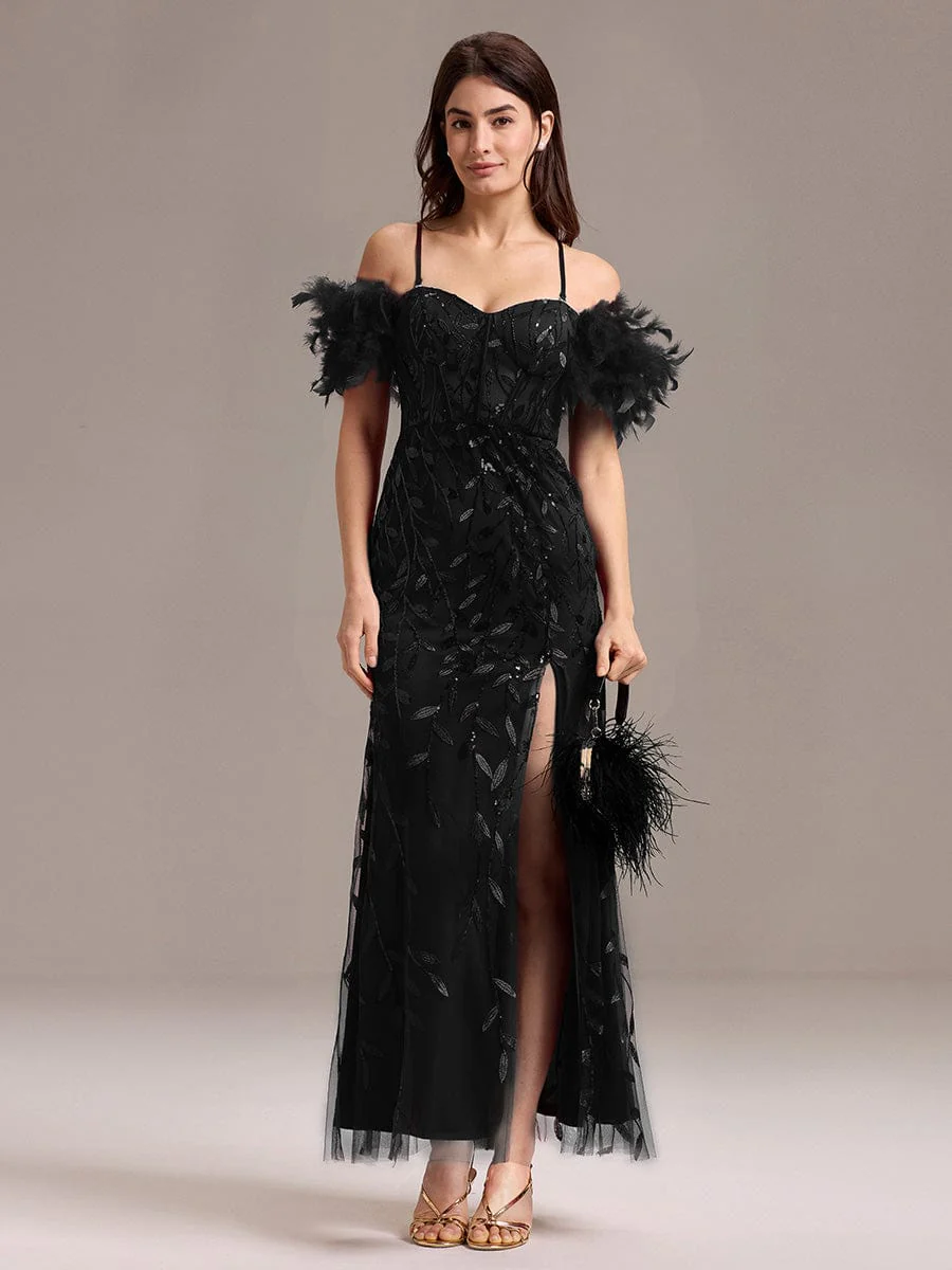 ever BELISSE|Designer Leaf Sequin Off Shoulder High Slit Feather Mermaid Evening Dress - Image 11