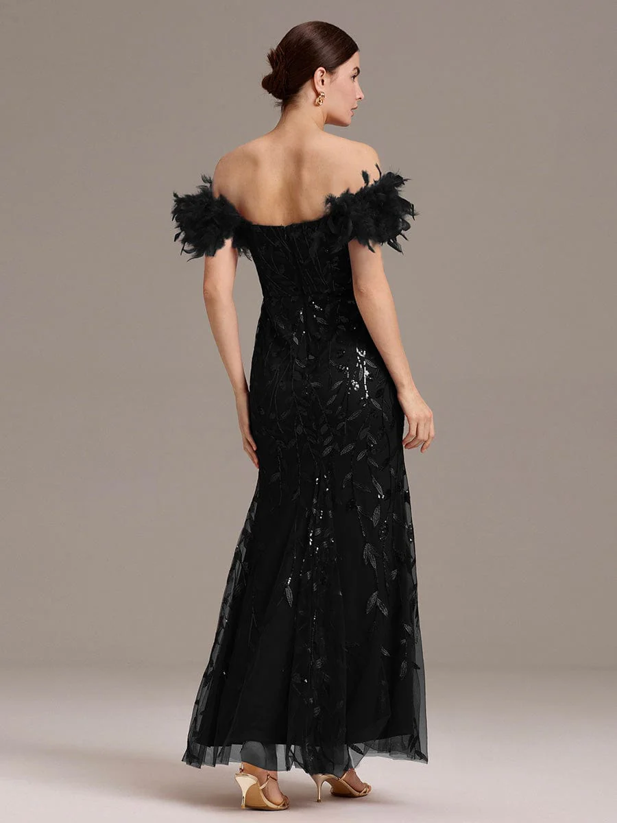 ever BELISSE|Designer Leaf Sequin Off Shoulder High Slit Feather Mermaid Evening Dress - Image 12