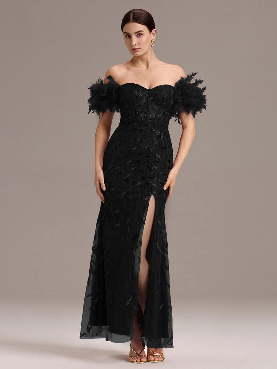 ever BELISSE|Designer Leaf Sequin Off Shoulder High Slit Feather Mermaid Evening Dress - Image 14