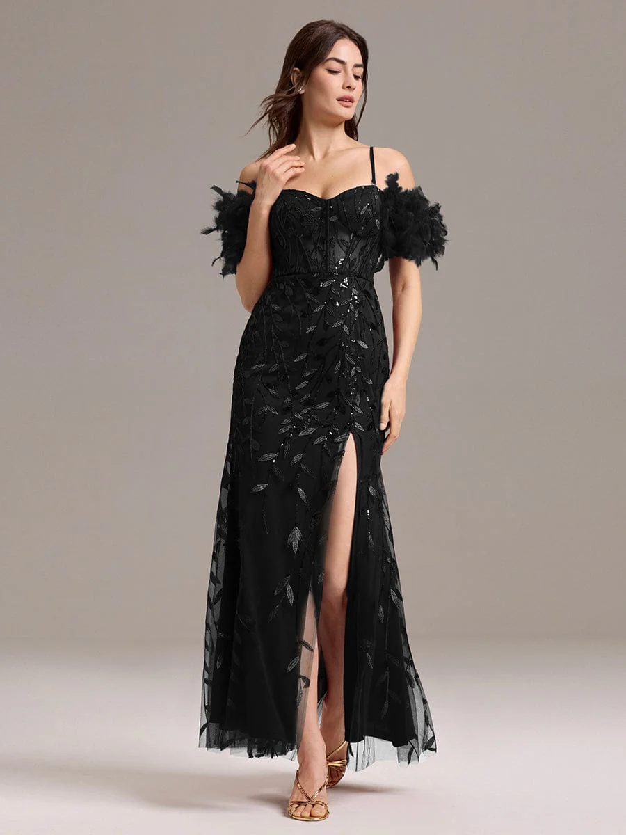 ever BELISSE|Designer Leaf Sequin Off Shoulder High Slit Feather Mermaid Evening Dress - Image 15