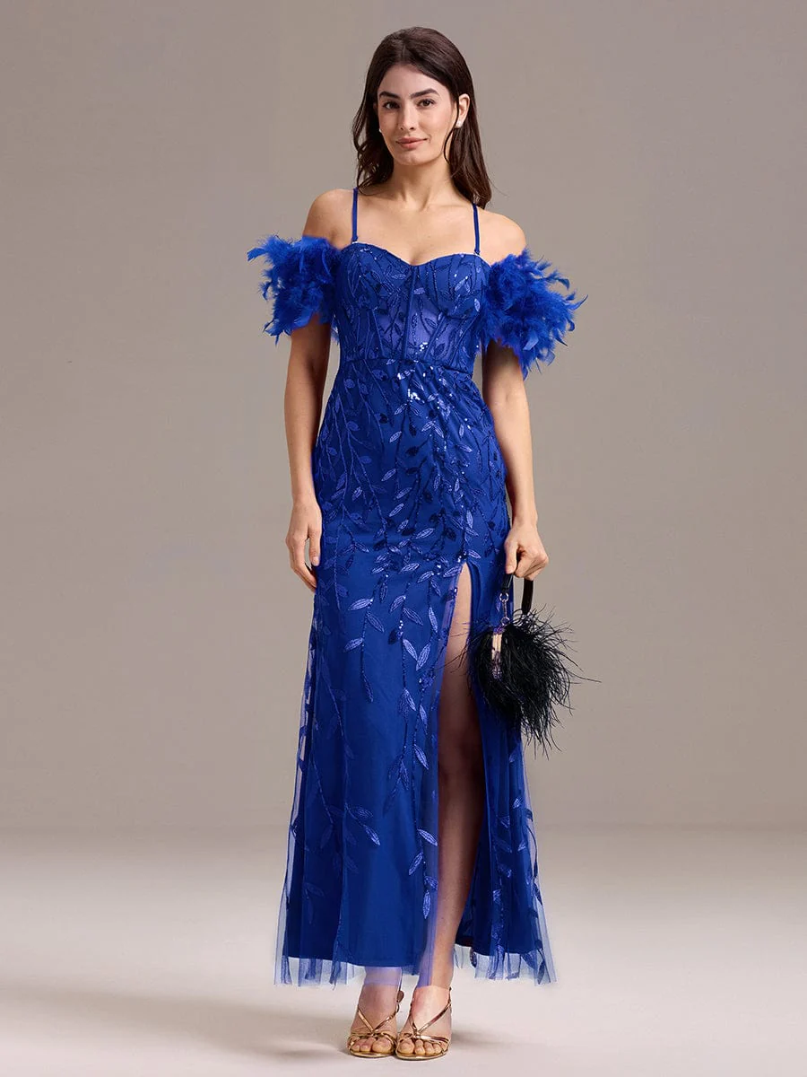 ever BELISSE|Designer Leaf Sequin Off Shoulder High Slit Feather Mermaid Evening Dress - Image 16