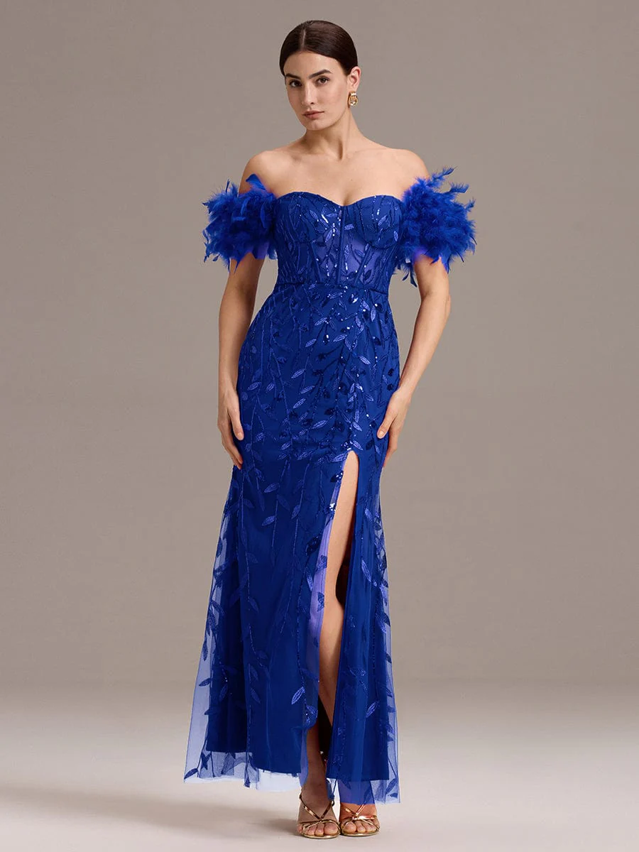 ever BELISSE|Designer Leaf Sequin Off Shoulder High Slit Feather Mermaid Evening Dress - Image 19
