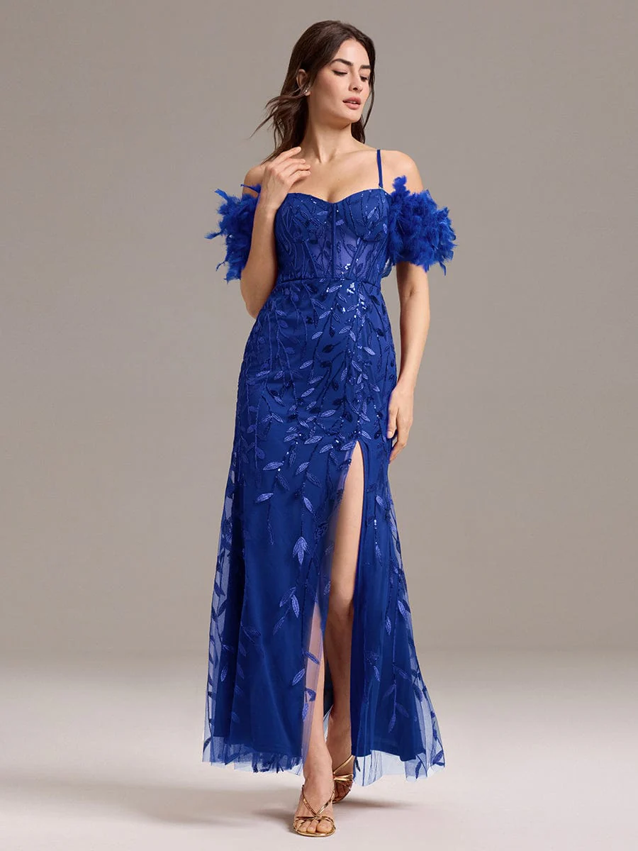 ever BELISSE|Designer Leaf Sequin Off Shoulder High Slit Feather Mermaid Evening Dress - Image 20