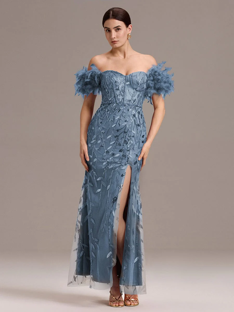ever BELISSE|Designer Leaf Sequin Off Shoulder High Slit Feather Mermaid Evening Dress - Image 4