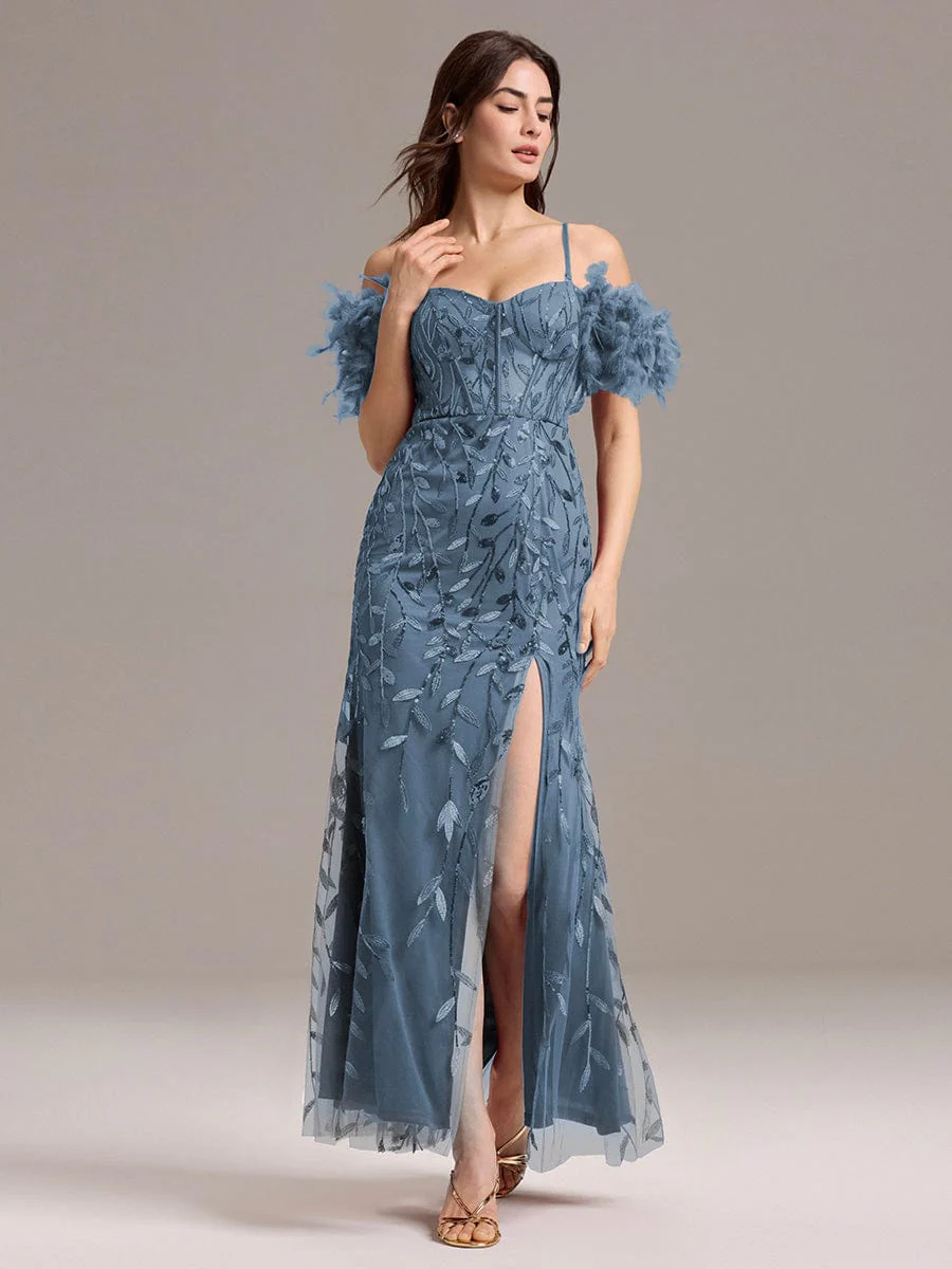 ever BELISSE|Designer Leaf Sequin Off Shoulder High Slit Feather Mermaid Evening Dress - Image 5