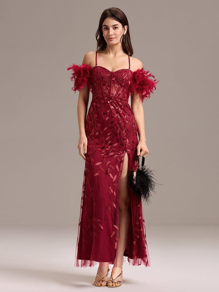 ever BELISSE|Designer Leaf Sequin Off Shoulder High Slit Feather Mermaid Evening Dress - Image 6