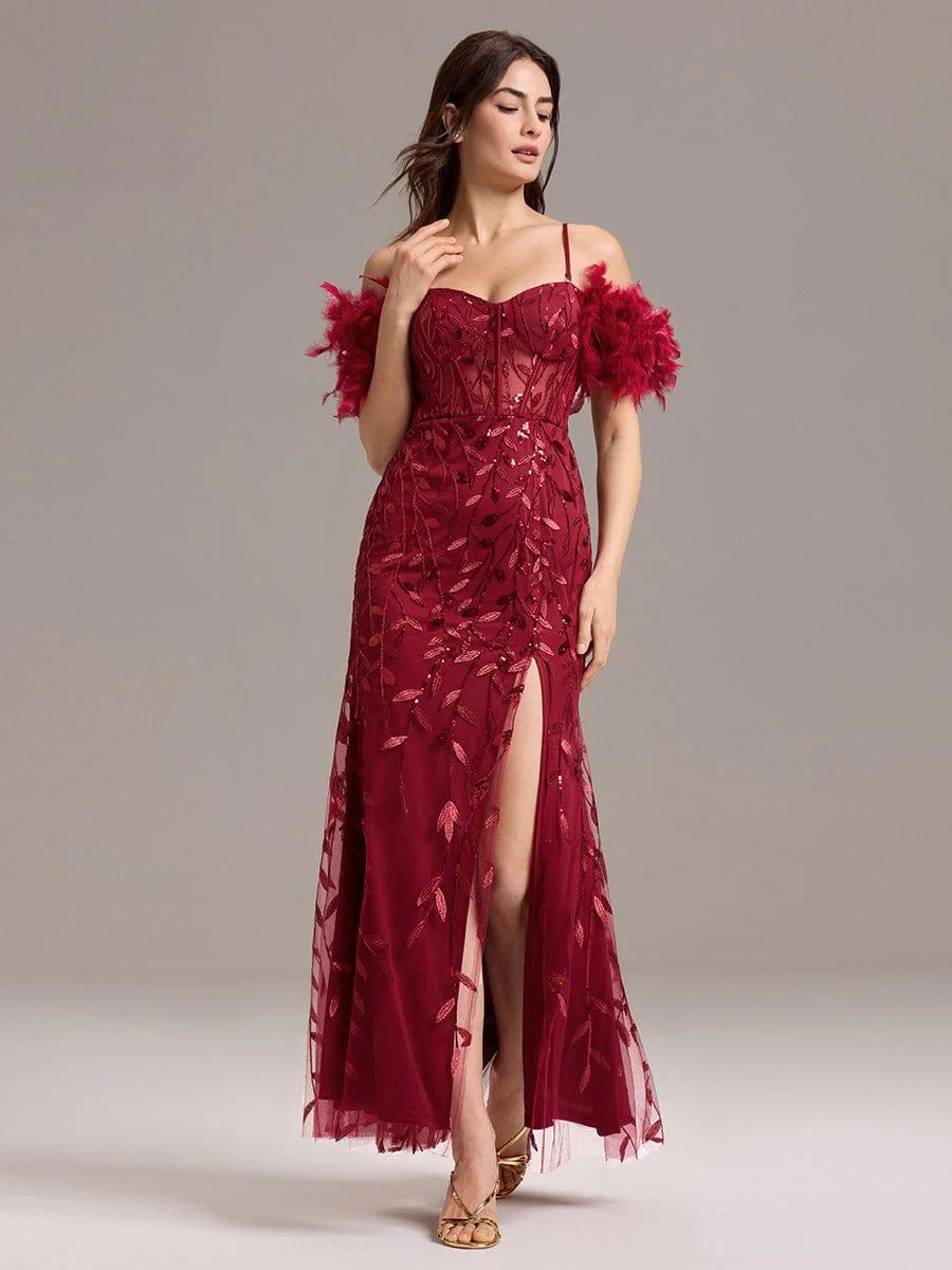 ever BELISSE|Designer Leaf Sequin Off Shoulder High Slit Feather Mermaid Evening Dress - Image 9
