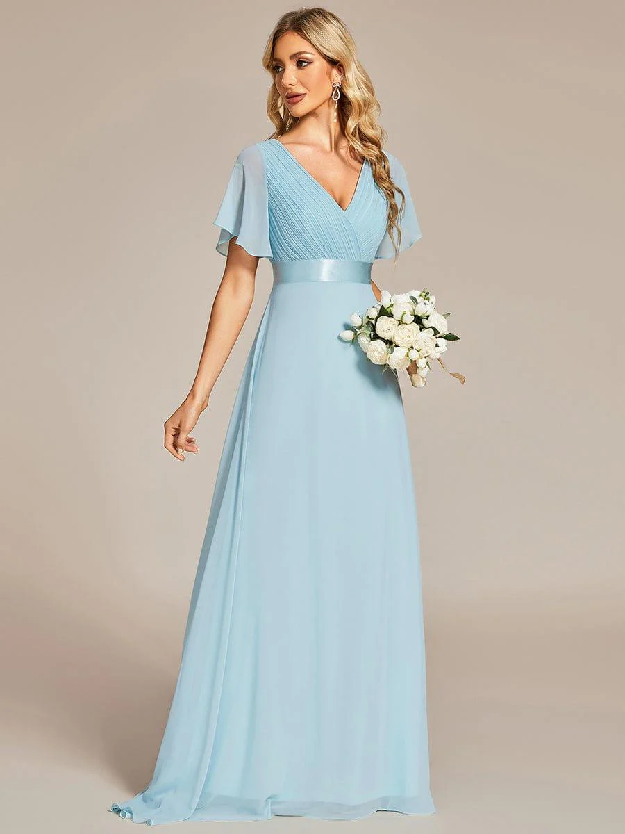 ever MONICA|Long Empire Waist Bridesmaid Dress with Short Flutter Sleeves - Image 118