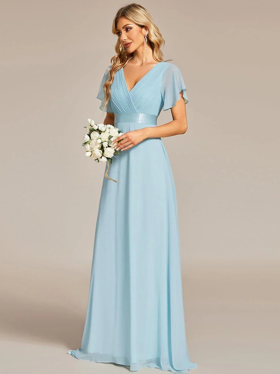ever MONICA|Long Empire Waist Bridesmaid Dress with Short Flutter Sleeves - Image 122